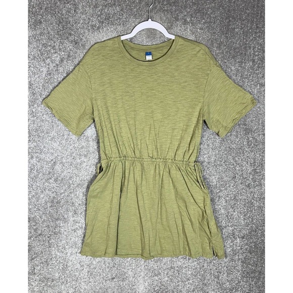 Old Navy Short Sleeve Drawstring Waist Shirt Dress Women Size Large Green Cotton - Picture 1 of 9